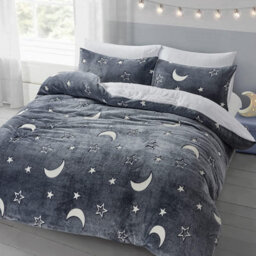 Homes & Linen Moons & Stars Glow In The Dark Grey Kids Boys Girls Grey Reverse Soft Feel Fleece Duvet Cover Quilt Bedding Set With Pillowcases - thumbnail 3