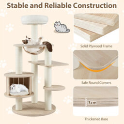 Costway 132Cm Tall Wooden Cat Tree Solid Plywood Kitten Tower With Condo-Natural - thumbnail 9