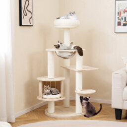 Costway 132Cm Tall Wooden Cat Tree Solid Plywood Kitten Tower With Condo-Natural - thumbnail 1