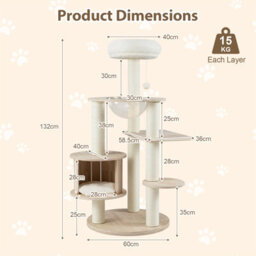 Costway 132Cm Tall Wooden Cat Tree Solid Plywood Kitten Tower With Condo-Natural - thumbnail 2