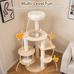 Costway 132Cm Tall Wooden Cat Tree Solid Plywood Kitten Tower With Condo-Natural - thumbnail 5