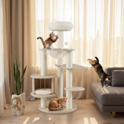 Costway 132Cm Tall Wooden Cat Tree Solid Plywood Kitten Tower With Condo-Natural - thumbnail 3