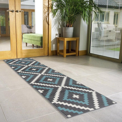 Bravich Hard Wearing Hessian Backed Stair Runner Kitchen Mat - Texas Blue & Grey Geometric Tiles - 60X360Cm (2'x12')