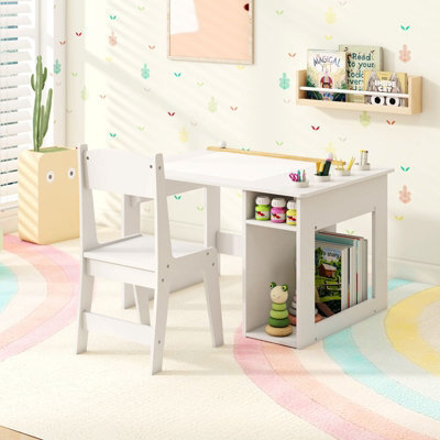 Costway Kid's Art Table & Chair Set With 4 Paint Cups & 2 Storage Shelves White - image 1