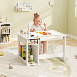 Costway Kid's Art Table & Chair Set With 4 Paint Cups & 2 Storage Shelves White - thumbnail 4
