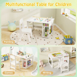 Costway Kid's Art Table & Chair Set With 4 Paint Cups & 2 Storage Shelves White - thumbnail 3