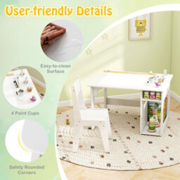 Costway Kid's Art Table & Chair Set With 4 Paint Cups & 2 Storage Shelves White - thumbnail 6