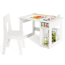 Costway Kid's Art Table & Chair Set With 4 Paint Cups & 2 Storage Shelves White - thumbnail 9