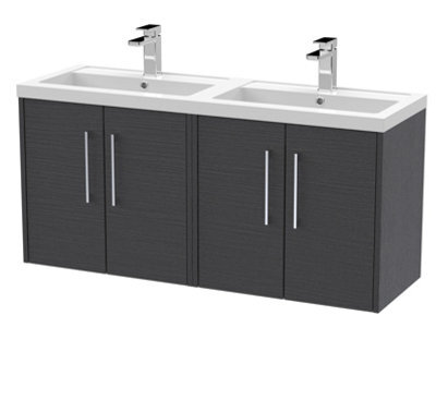 Hudson Reed Juno Wall Hung 4 Soft Close Door Vanity Unit With Double Basin In Graphite Grey Woodgrain Finish, 1205mm - image 1