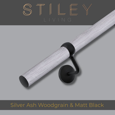 Stiley Living Silver Ash Woodgrain/matt Black Stair Handrail Kit 2.4M, Wall Mounted Banister Rail, 10Yr Guarantee - image 1