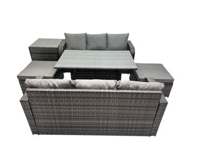 Fimous 8 Seat Outdoor Wicker Pe Rattan Garden Furniture Set Dining Table Sofa Set With 2 Big Stool Side Table Dark Grey Mixed - image 1