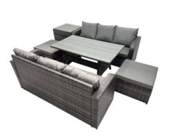 Fimous 8 Seat Outdoor Wicker Pe Rattan Garden Furniture Set Dining Table Sofa Set With 2 Big Stool Side Table Dark Grey Mixed - thumbnail 2