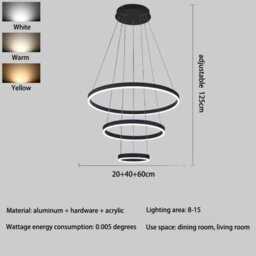 Darphe Sleek Black Triple-Ring Led Pendant Light, Adjustable Aluminum Hanging Fixture Dimmable - thumbnail 6