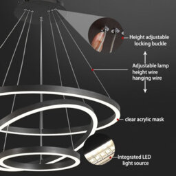 Darphe Sleek Black Triple-Ring Led Pendant Light, Adjustable Aluminum Hanging Fixture Dimmable - thumbnail 5