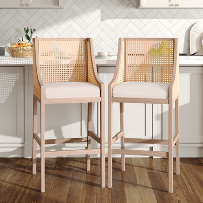 Darphe 2 Pcs Natural Rattan Bar Stools With Backrest And Grey Cushions, 48Cm W X 48.5Cm D X 109Cm H - image 1