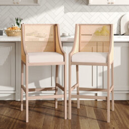 Darphe 2 Pcs Natural Rattan Bar Stools With Backrest And Grey Cushions, 48Cm W X 48.5Cm D X 109Cm H