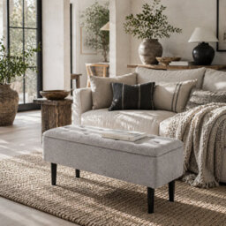 Wyld Haus Vemovi Fabric Grey Storage Ottoman Bench With Wooden Legs And 57 Litre Capacity, Compact Rectangular Seating And Storage - thumbnail 1