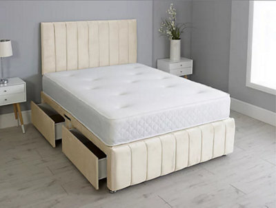 Comfy Deluxe 6Ft Superking Panel Cream Plush Divan Bed Set Headboard & Footboard 2 Drawers Left Side - image 1
