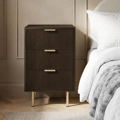 Ohs Ribbed 3-Drawer Bedside Cabinet Engineered Wood Nightstand Office - Dark Wood - image 1