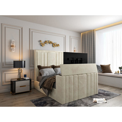 Atom Upholstered Soft Velvet Cream Tv Bespoke Bed Frame - image 1