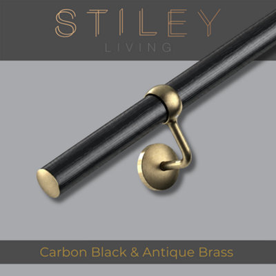 Stiley Living Carbon Black Woodgrain Effect/antique Brass Stair Handrail Kit 2.4M, Wall Mounted Banister Rail, 10Yr Guarantee - image 1