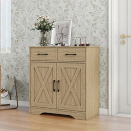 2 Doors 2 Drawers / Natural Storage Console Cabinet With Wooden Top Farmhouse Sideboard - thumbnail 4