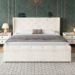 Matteo 4Ft6 Double Beige Velvet Ottoman Bed Frame, Hydraulic Storage, Diamond Tufted Headboard, Usb/type-C Charging, Reading Light - thumbnail 5