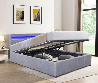 Comfy Living 4Ft Small Double Fabric Gas Lift Ottoman Bedframe With Led Strip In Light Grey - image 1