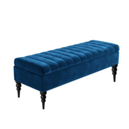 90Cm Sierra Striped Ottoman Storage Bench With Black Turned Wooden Legs - Sapphire Blue Plush Velvet Upholstered Shoes Bench