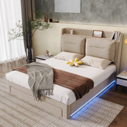 Matteo Velvet Fabric Double Ottoman Bed Frame With Led Headboard & Storage Drawers - Beige - thumbnail 7