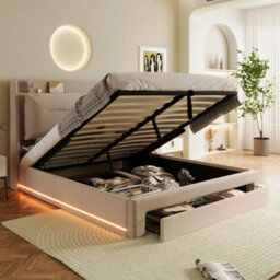 Matteo Velvet Fabric Double Ottoman Bed Frame With Led Headboard & Storage Drawers - Beige - thumbnail 5