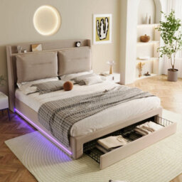 Matteo Velvet Fabric Double Ottoman Bed Frame With Led Headboard & Storage Drawers - Beige - thumbnail 4