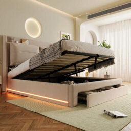 Matteo Velvet Fabric Double Ottoman Bed Frame With Led Headboard & Storage Drawers - Beige - thumbnail 3