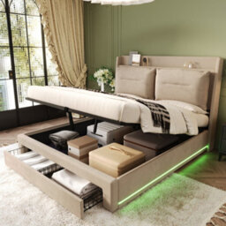 Matteo Velvet Fabric Double Ottoman Bed Frame With Led Headboard & Storage Drawers - Beige