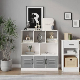 Urbn-Living Urbnliving Asymmetrical 8 Cube White Bookcase Freestanding Storage Unit With 3 Metal Doors - Grey - thumbnail 4