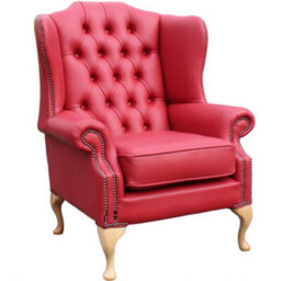 Chesterfield High Back Wing Chair Shelly Flame Red Leather Bespoke In Mallory Style - thumbnail 3