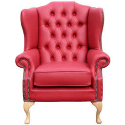 Chesterfield High Back Wing Chair Shelly Flame Red Leather Bespoke In Mallory Style - thumbnail 2