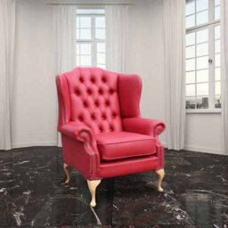 Chesterfield High Back Wing Chair Shelly Flame Red Leather Bespoke In Mallory Style - thumbnail 1