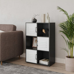 Urbn-Living Urbnliving 91Cm Height 6 Cube Bookcase White Metal Door Display Storage Unit Shelving Cupboard Black - thumbnail 2