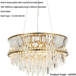 Loops Hanging Ceiling Pendant Light - Warm Brass Plate With Crystal And Clear Glass - 9 X 6W Led E14 - thumbnail 2