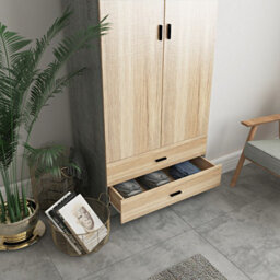 Urbnliving 180Cm Tall Wooden 2 Door Wardrobe Ash Grey Carcass And Oak Drawers With 2 Drawers Bedroom Storage Hanging Bar Clothes - thumbnail 5