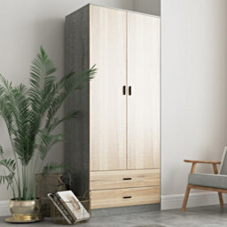 Urbnliving 180Cm Tall Wooden 2 Door Wardrobe Ash Grey Carcass And Oak Drawers With 2 Drawers Bedroom Storage Hanging Bar Clothes - thumbnail 4