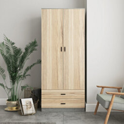 Urbnliving 180Cm Tall Wooden 2 Door Wardrobe Ash Grey Carcass And Oak Drawers With 2 Drawers Bedroom Storage Hanging Bar Clothes - thumbnail 3