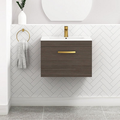 Royal Bathrooms Turin Grey Elm 600mm Wall Hung Vanity Unit 1 Drawer With Minimalist Basin Sink & Brushed Brass Handles - image 1