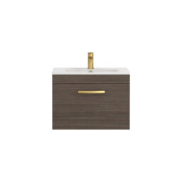 Royal Bathrooms Turin Grey Elm 600mm Wall Hung Vanity Unit 1 Drawer With Minimalist Basin Sink & Brushed Brass Handles - thumbnail 6