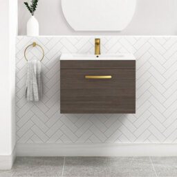 Royal Bathrooms Turin Grey Elm 600mm Wall Hung Vanity Unit 1 Drawer With Minimalist Basin Sink & Brushed Brass Handles - thumbnail 1