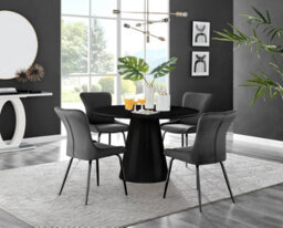 Furniturebox Uk Palma Black Semi-Gloss Round Pedestal Dining Table & 4 Dark Grey Velvet Nora Black Leg Chairs - thumbnail 1