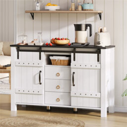 Abrihome White 120Cm Sideboard With Sliding Doors & 3 Drawers, Rustic Wood Style, Suitable For Kitchen, Dining Room, And Living Room - thumbnail 6