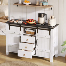 Abrihome White 120Cm Sideboard With Sliding Doors & 3 Drawers, Rustic Wood Style, Suitable For Kitchen, Dining Room, And Living Room - thumbnail 7