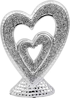 Biznest Silver Sparkle Crushed Jewel Loose Diamond Double Heart Sculpture Shelf Sitter Ornament Crystal Gift Home Décor 23X17X6 Cm - image 1